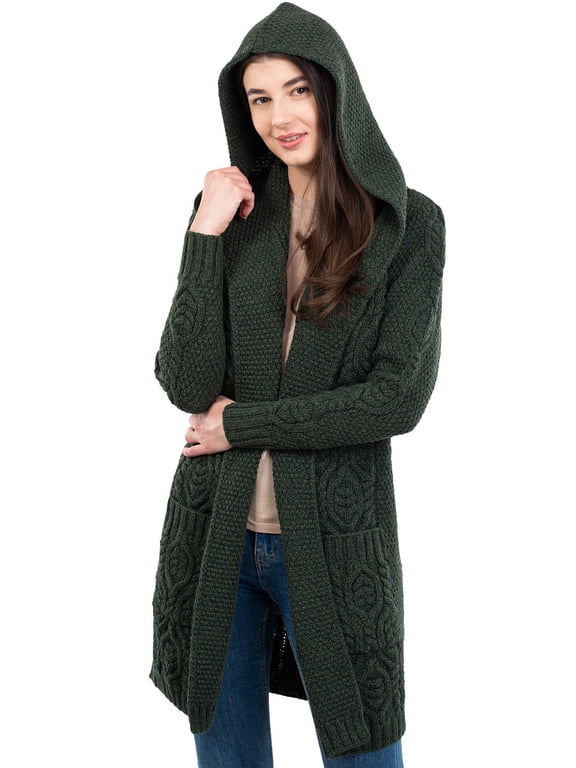 100% Merino Wool Women's Aran Open Front Long Cardigan Sweater Irish Cable Knit Outdoor Coat with Hood Made in Ireland