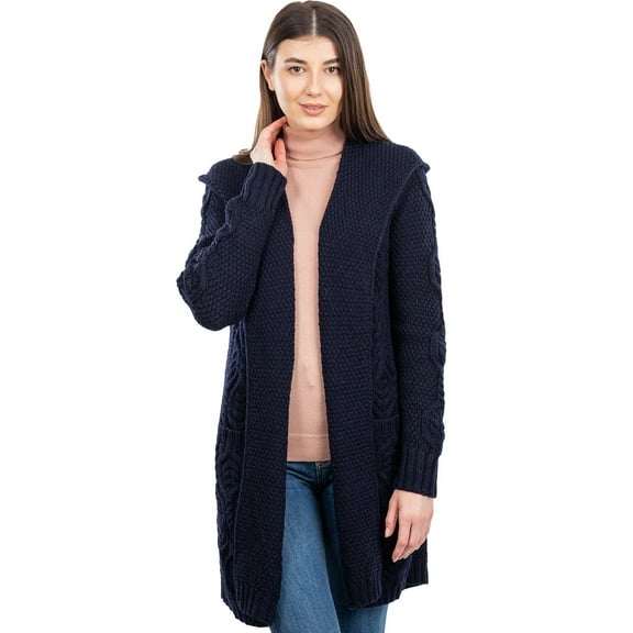 SAOL 100% Merino Wool Women's Aran Open Front Long Cardigan Sweater Irish Cable Knit Outdoor Coat with Hood Made in Ireland