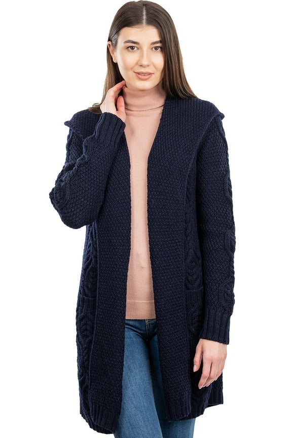100% Merino Wool Women's Aran Open Front Long Cardigan Sweater Irish Cable Knit Outdoor Coat with Hood Made in Ireland