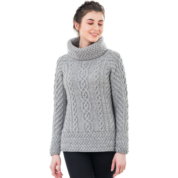 SAOL 100% Merino Wool Women's Aran Oversized Cable Knit Fisherman Sweater High Neck Irish Pullover Made in Ireland