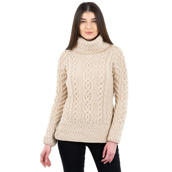 SAOL 100% Merino Wool Women's Aran Oversized Cable Knit Fisherman Sweater High Neck Irish Pullover Made in Ireland