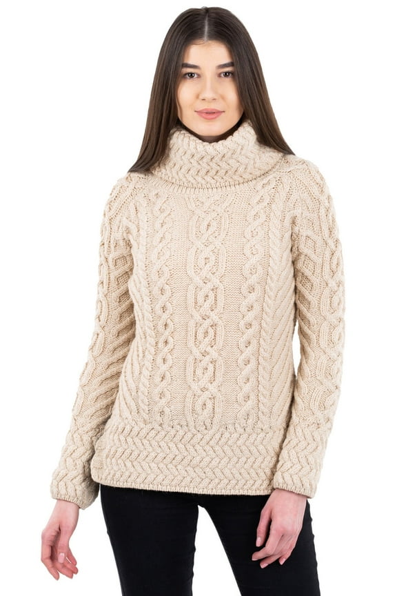 100% Merino Wool Women's Aran Oversized Cable Knit Fisherman Sweater High Neck Irish Pullover Made in Ireland