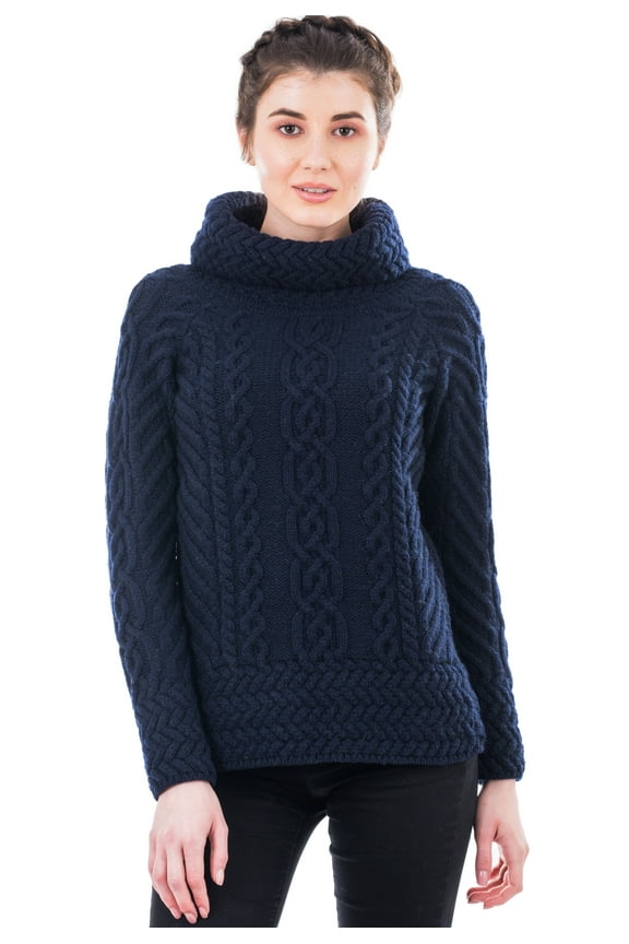 100% Merino Wool Women's Aran Oversized Cable Knit Fisherman Sweater High Neck Irish Pullover Made in Ireland