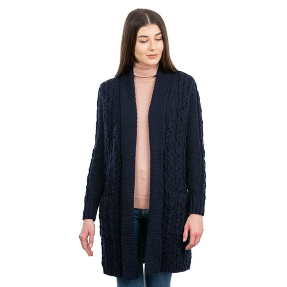 SAOL 100% Merino Wool Women's Aran Shawl Collar Open Front Long Cardigan Sweater Cable Knitted Outdoor Coat with Pockets Made in Ireland