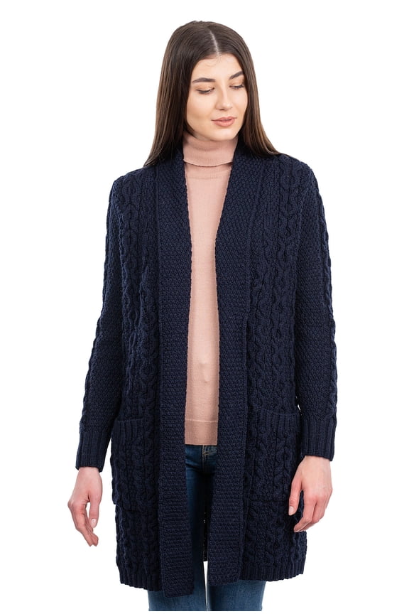 100% Merino Wool Women's Aran Shawl Collar Open Front Long Cardigan Sweater Cable Knitted Outdoor Coat with Pockets Made in Ireland