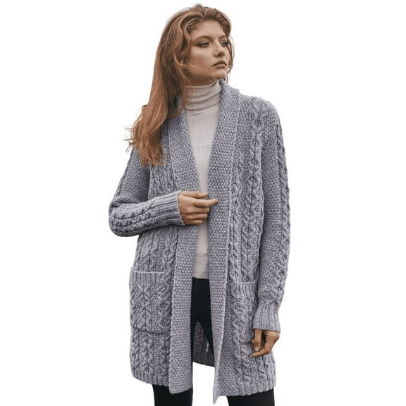 SAOL 100% Merino Wool Women's Aran Shawl Collar Open Front Long Cardigan Sweater Cable Knitted Outdoor Coat with Pockets Made in Ireland