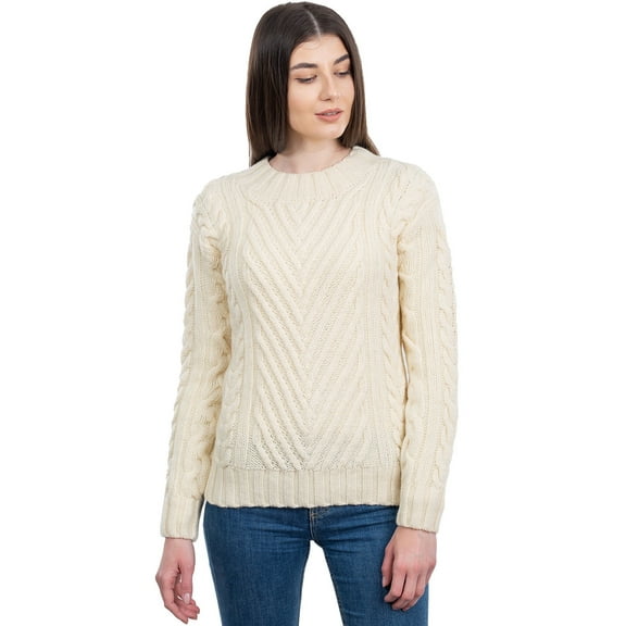 SAOL 100% Merino Wool Women's Aran Sweater Irish Fisherman Cable Knit Pullover Made in Ireland