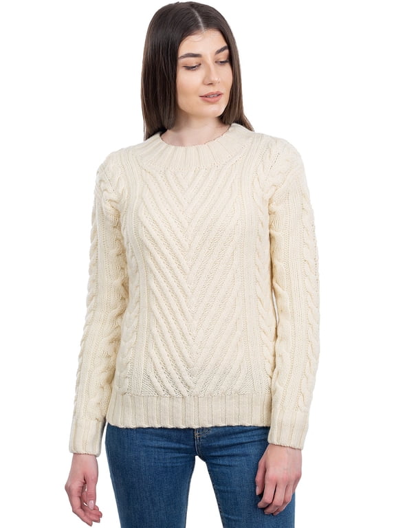100% Merino Wool Women's Aran Sweater Irish Fisherman Cable Knit Pullover Made in Ireland