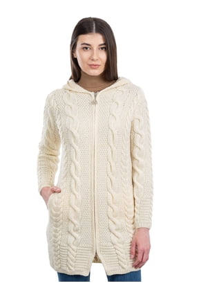100% Merino Wool Women's Aran Zip Cable Knit Cardigan Sweater Irish Hooded Long Jacket Outdoor Coat Made in Ireland