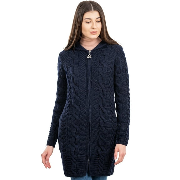 SAOL 100% Merino Wool Women's Aran Zip Cable Knit Cardigan Sweater Irish Hooded Long Jacket Outdoor Coat Made in Ireland