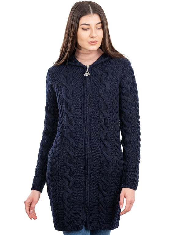 100% Merino Wool Women's Aran Zip Cable Knit Cardigan Sweater Irish Hooded Long Jacket Outdoor Coat Made in Ireland