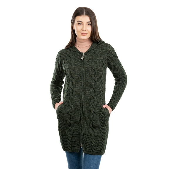 SAOL 100% Merino Wool Women's Aran Zip Cable Knit Cardigan Sweater Irish Hooded Long Jacket Outdoor Coat Made in Ireland