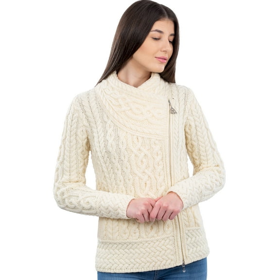 SAOL 100% Merino Wool Women's Aran Zip Cable Knit Cardigan Sweater Irish Jacket Made in Ireland