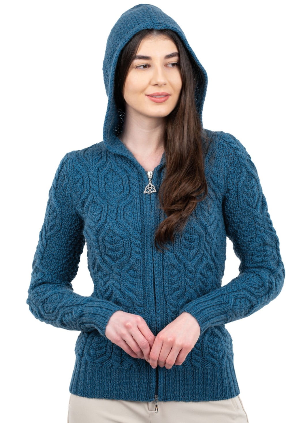 SAOL 100% Merino Wol Aran Kabel Gebreide Hooded Zip Cardigan Ierse Jas