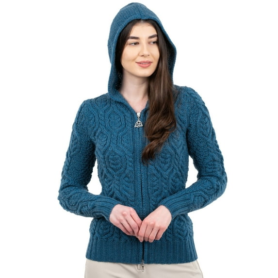 SAOL 100% Merino Wool Women's Aran Zip Cardigan Sweater Irish Cable Knit Hooded Coat Jacket Made in Ireland