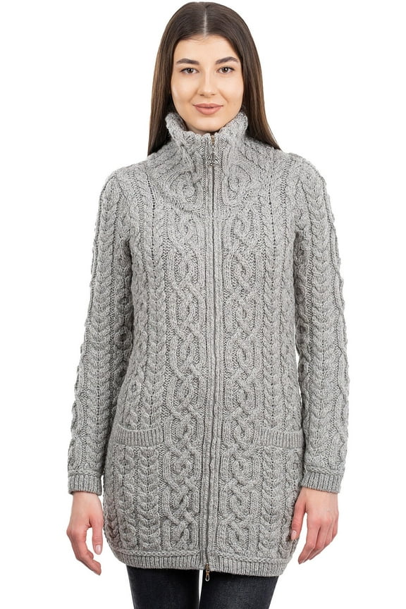100% Merino Wool Women's Aran Zip Cardigan Sweater Irish Cable Knit Outdoor Long Coat Jacket with Pockets
