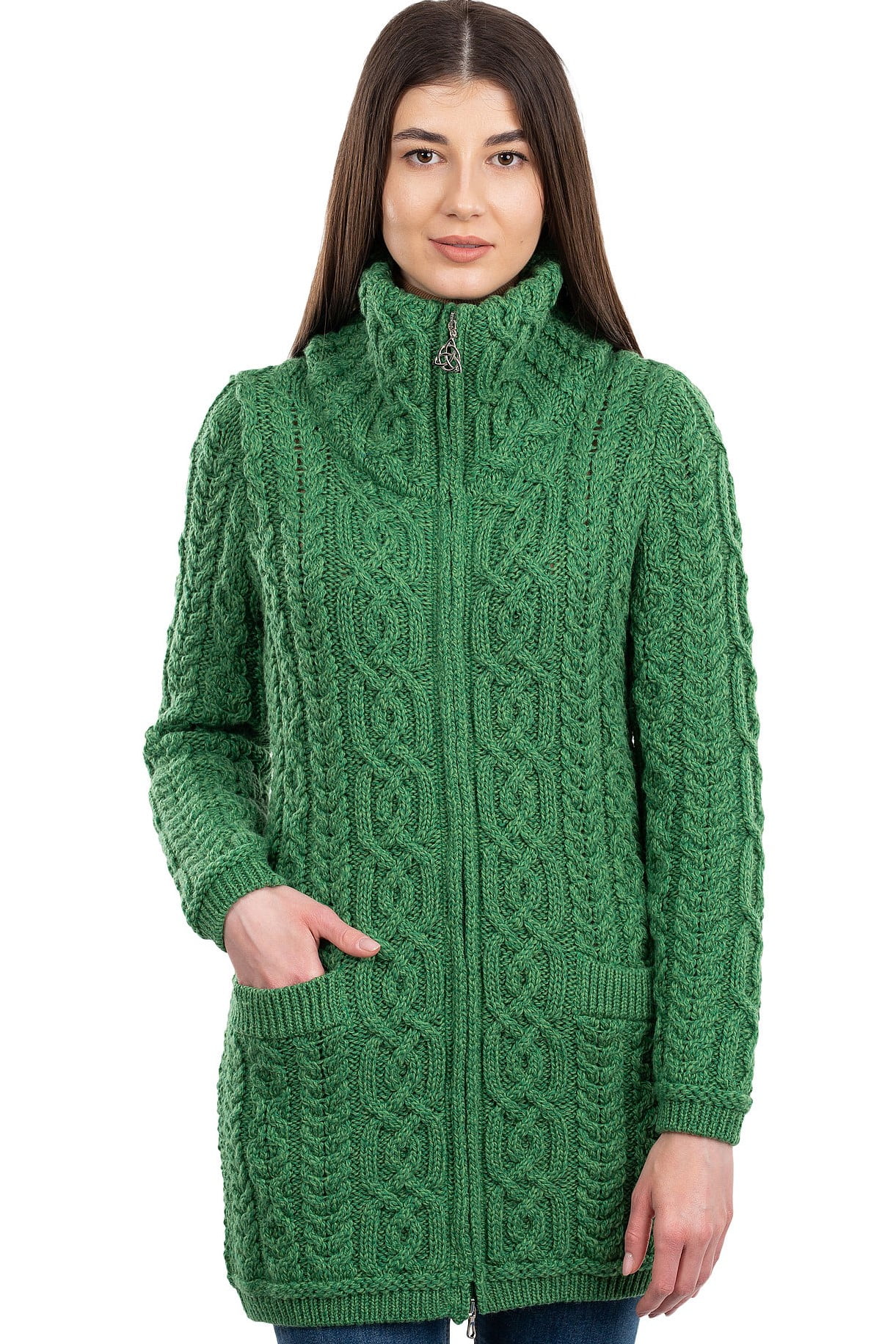 SAOL 100% Merino Wool Ladies Vented Roll Neck Sweater - Green, X-Small, Lightweight & Warm