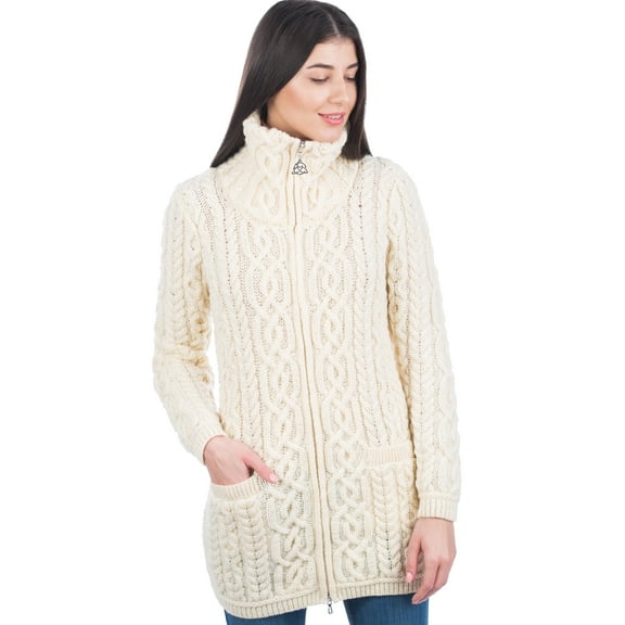 SAOL 100% Merino Wool Women's Aran Zip Cardigan Sweater Irish Cable Knit Outdoor Long Coat Jacket with Pockets