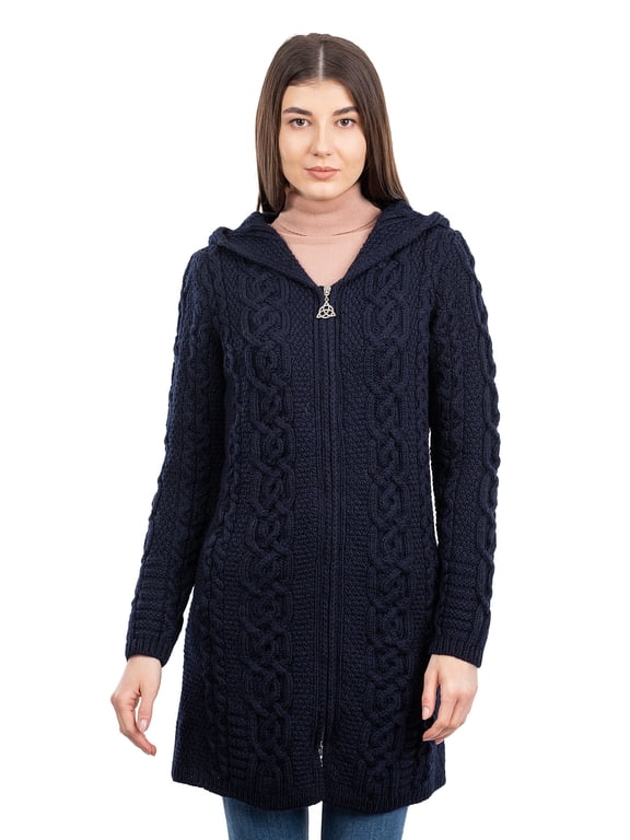 100% Merino Wool Women's Aran Zip Hooded Irish Cardigan Sweater Celtic Cable Knit Long Jacket Made in Ireland