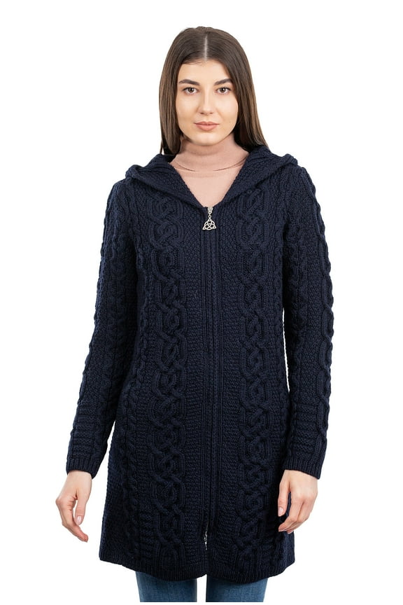 100% Merino Wool Women's Aran Zip Hooded Irish Cardigan Sweater Celtic Cable Knit Long Jacket Made in Ireland