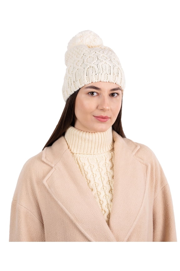 100% Merino Wool Women's Knit Pom Pom Hat Cap Made in Ireland
