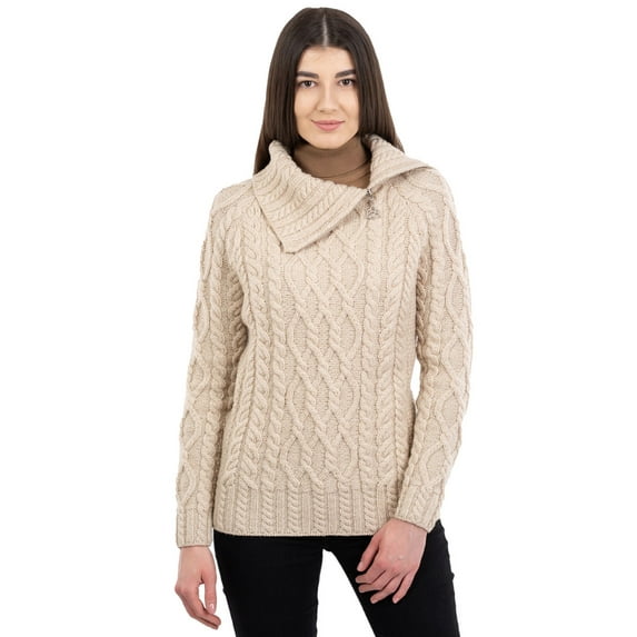 SAOL 100% Merino Wool Women's Zipper Neck Swearter Aran Irish Fisherman Turtleneck Sweater