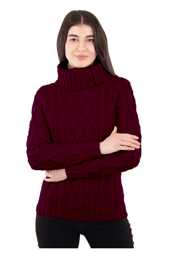 100% Merino Wool Women's Zipper Neck Swearter Aran Irish Fisherman Turtleneck Sweater