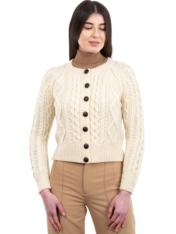 Aran 100% Merino Wool Cable Knit Cardigan Sweater Women's Button Up Jacket Made in Ireland