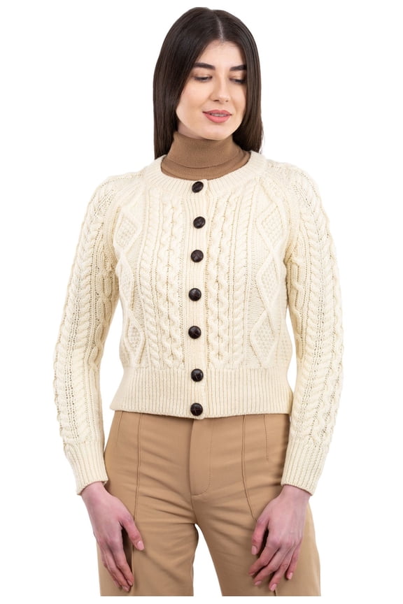 Aran 100% Merino Wool Cable Knit Cardigan Sweater Women's Button Up Jacket Made in Ireland
