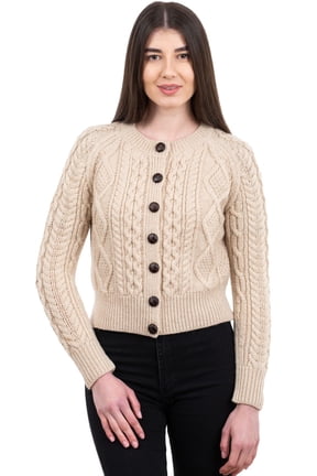 Aran 100% Merino Wool Cable Knit Cardigan Sweater Women's Button Up Jacket Made in Ireland
