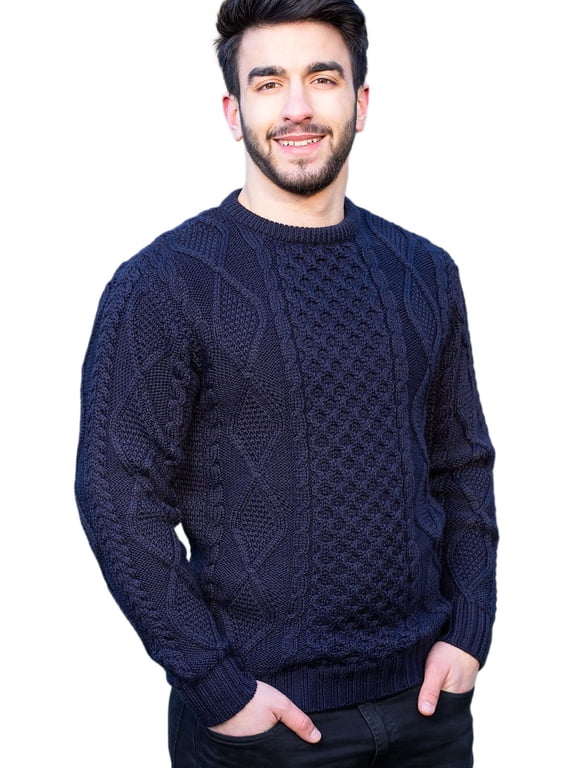 Aran 100% Wool Fisherman Cable Knit Irish Sweater for Men Traditional Crew Neck Pullover Made in Ireland