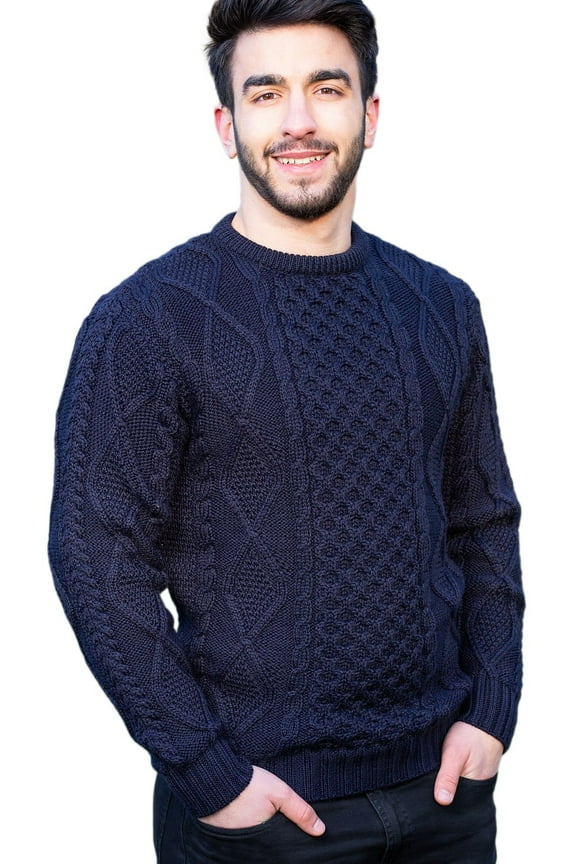Aran 100% Wool Fisherman Cable Knit Irish Sweater for Men Traditional Crew Neck Pullover Made in Ireland
