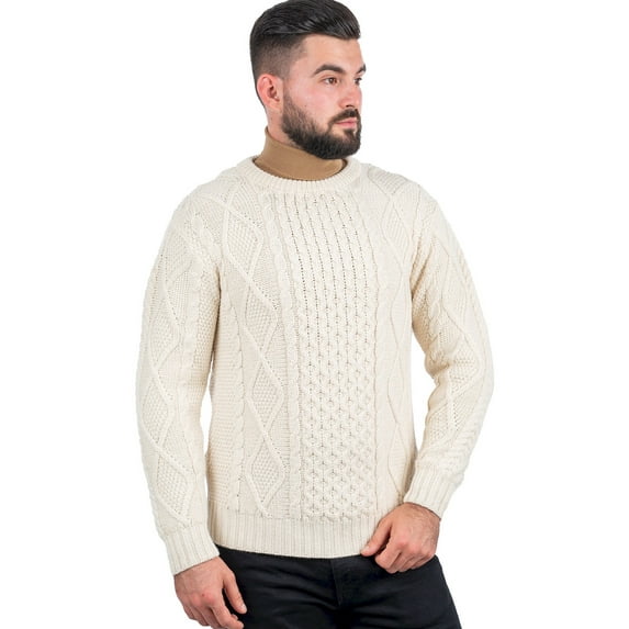 SAOL Aran 100% Wool Fisherman Cable Knit Irish Sweater for Men Traditional Crew Neck Pullover Made in Ireland