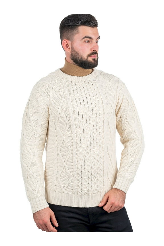 Aran 100% Wool Fisherman Cable Knit Irish Sweater for Men Traditional Crew Neck Pullover Made in Ireland