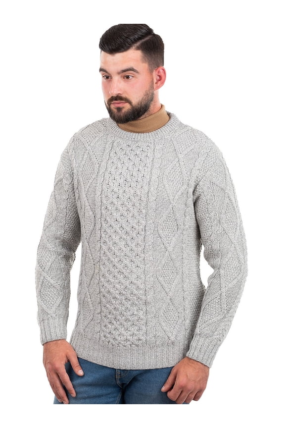 Aran 100% Wool Fisherman Cable Knit Irish Sweater for Men Traditional Crew Neck Pullover Made in Ireland