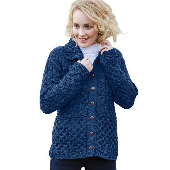 SAOL Aran Button Up Irish 100% Premium Merino Wool Cardigan Sweater for Women | Honeycomb Cable Knit Blue Jacket Made in Ireland