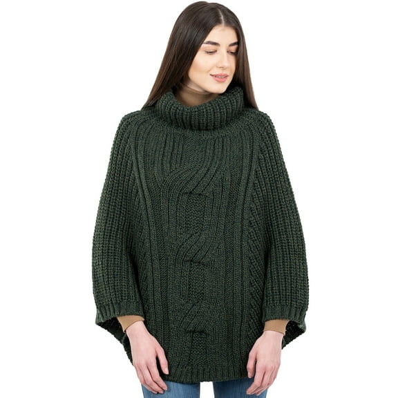 SAOL Aran Cable Cowlneck Poncho 100% Premium Merino Wool Irish Cape from Ireland