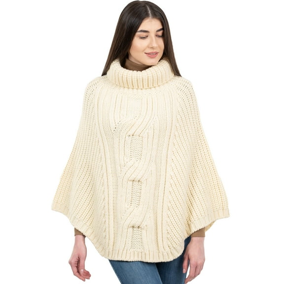 SAOL Aran Cable Cowlneck Poncho 100% Premium Merino Wool Irish Cape from Ireland