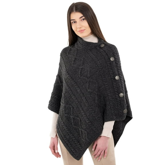SAOL Aran Cable Knit Cowl Neck Poncho 100% Soft Merino Wool Women's Irish Cape with Side Buttons from Ireland