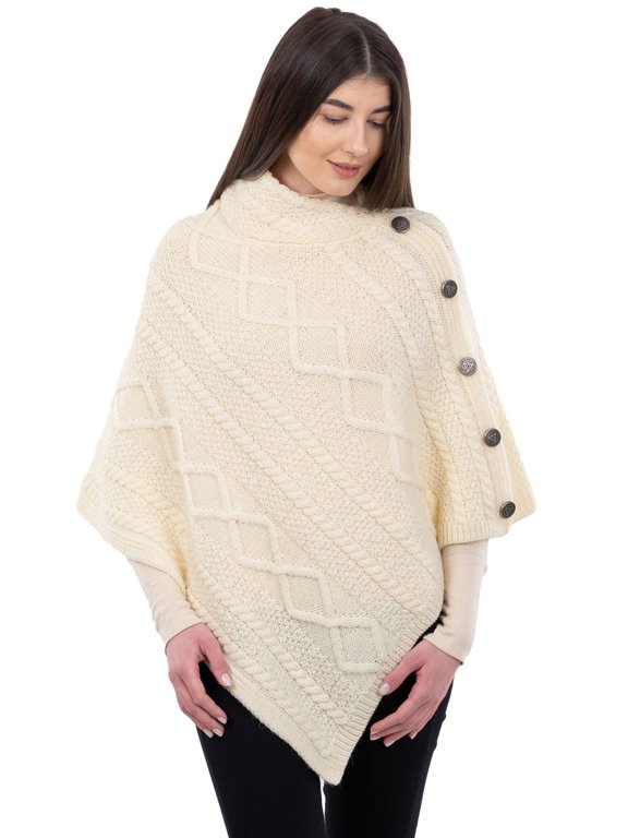 Aran Cable Knit Cowl Neck Poncho 100% Soft Merino Wool Women's Irish Cape with Side Buttons from Ireland
