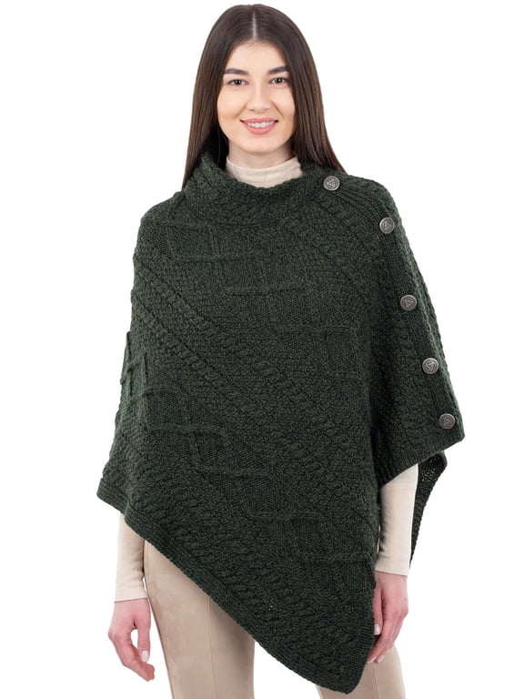 Aran Cable Knit Cowl Neck Poncho 100% Soft Merino Wool Women's Irish Cape with Side Buttons from Ireland