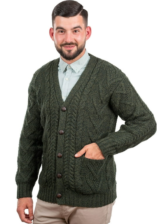 Aran Cable Knit Fisherman Cardigan Sweater 100% Merino Wool Men's Irish Button Up V-Neck Jacket Made in Ireland