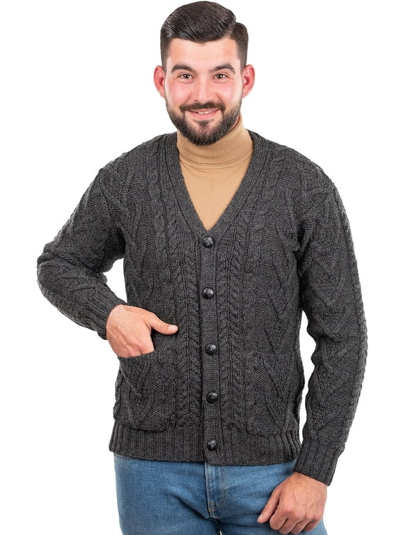 Aran Cable Knit Fisherman Cardigan Sweater 100% Merino Wool Men's Irish Button Up V-Neck Jacket Made in Ireland