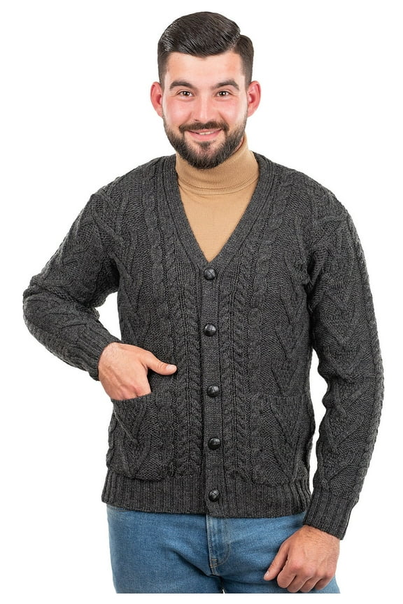 Aran Cable Knit Fisherman Cardigan Sweater 100% Merino Wool Men's Irish Button Up V-Neck Jacket Made in Ireland