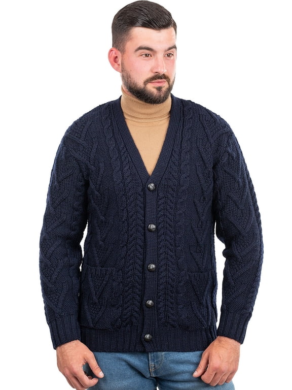 Aran Cable Knit Fisherman Cardigan Sweater 100% Merino Wool Men's Irish Button Up V-Neck Jacket Made in Ireland