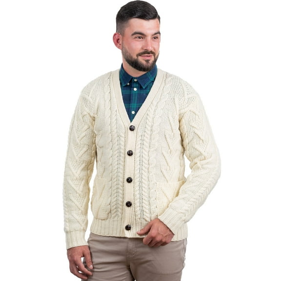 SAOL Aran Cable Knit Fisherman Cardigan Sweater 100% Merino Wool Men's Irish Button Up V-Neck Jacket Made in Ireland