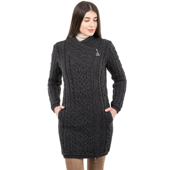 SAOL Aran Cable Knit Zip Cardigan Fisherman Irish Sweater 100% Premium Merino Wool Women's Outdoor Coat Made in Ireland