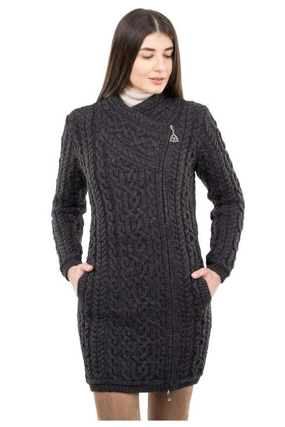 Aran Cable Knit Zip Cardigan Fisherman Irish Sweater 100% Premium Merino Wool Women's Outdoor Coat Made in Ireland