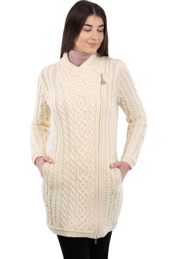 Aran Cable Knit Zip Cardigan Fisherman Sweater 100% Premium Merino Wool Women's Outdoor Coat Made in Ireland
