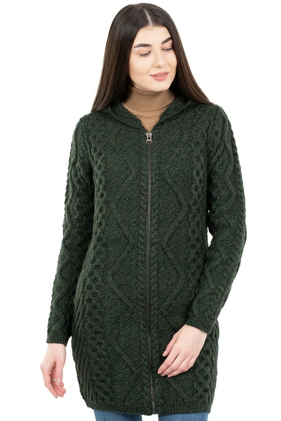 Aran Cable Knit Zip Hooded Coat 100% Merino Wool Women's Irish Fisherman Cardigan Sweater Made in Ireland